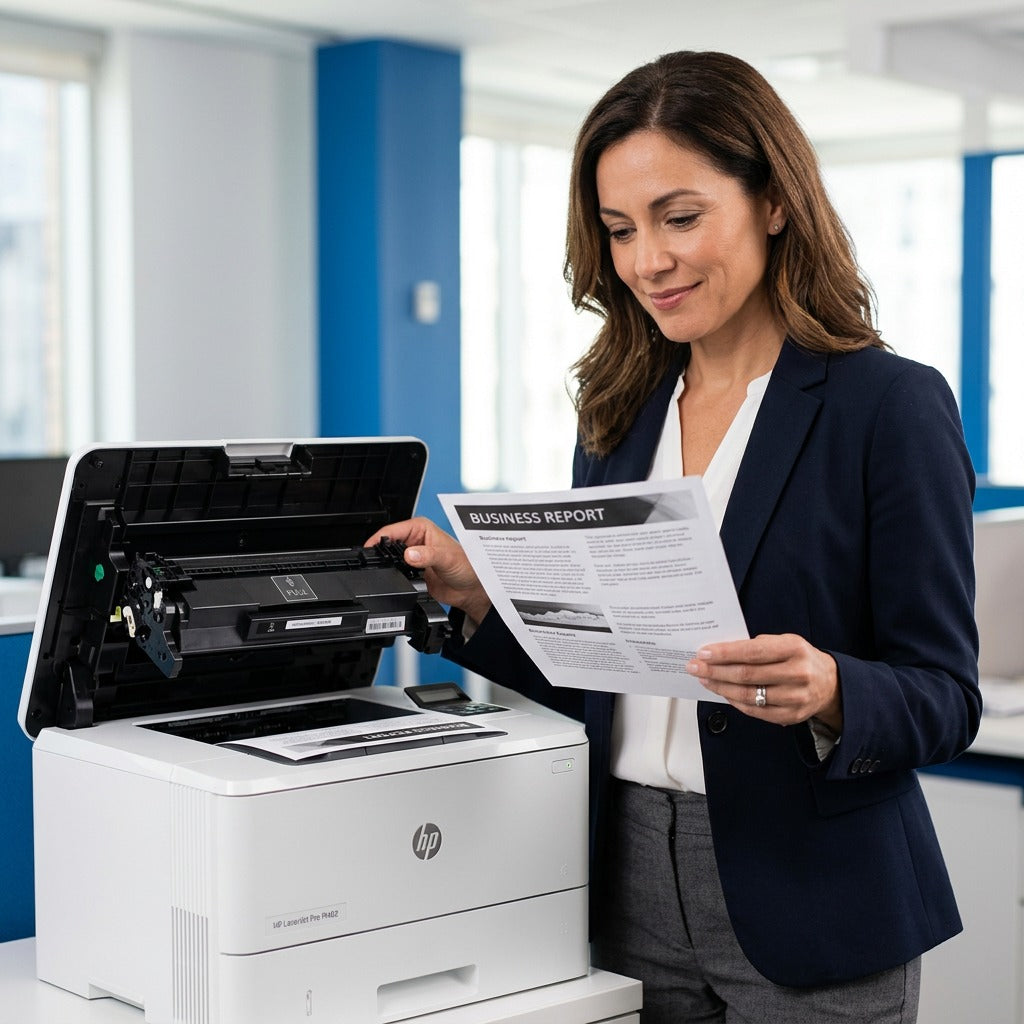 A professional holding a printed report by an HP LaserJet printer showing a CF226A toner cartridge.