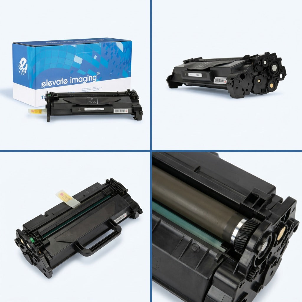 Four-view matrix of Elevate Imaging HP CF226A black toner cartridge showing box and build details.