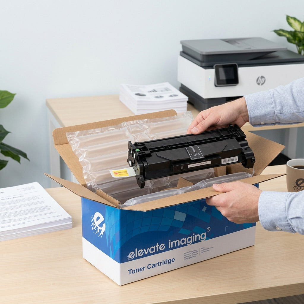 Unboxing an Elevate Imaging CF226A toner cartridge from a secure box with protective air cushions.