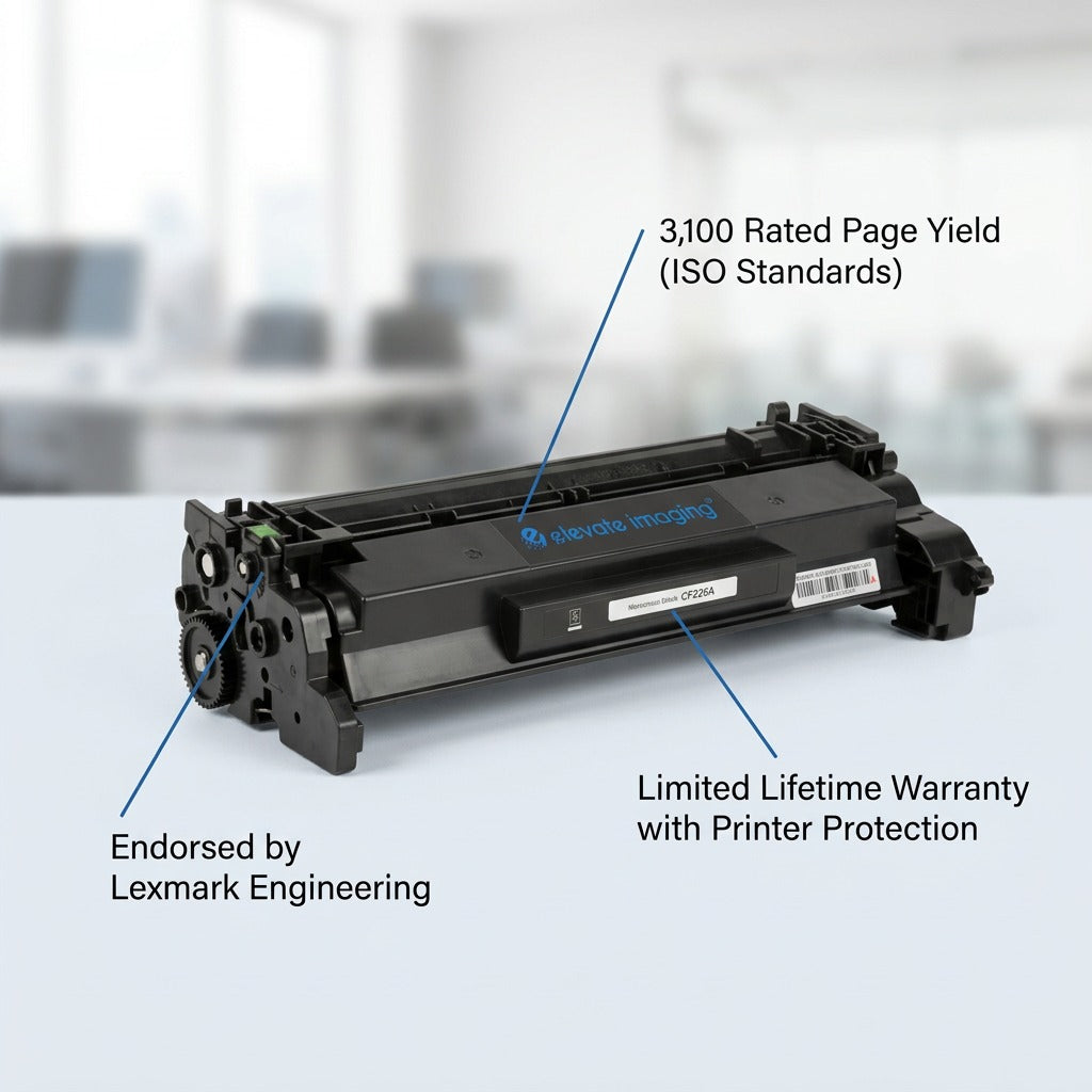 Elevate Imaging CF226A compatible toner cartridge for HP LaserJet Pro featuring 3,100 page yield.