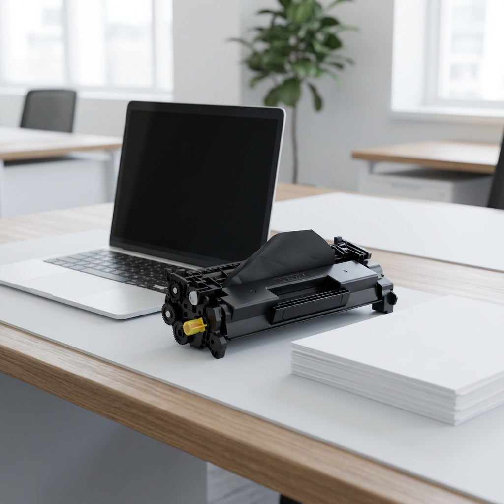 Elevate Imaging remanufactured HP 26A toner cartridge on a desk beside a laptop for scale.