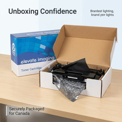 Remanufactured HP 26A (CF226A) toner cartridge securely unboxed on a desk in Elevate Imaging retail packaging.
