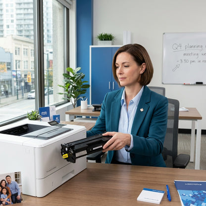 Professional in an office installing an Elevate Imaging HP 26A toner cartridge into a white printer.