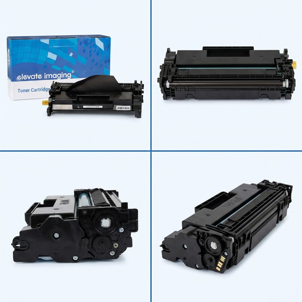 Four-view grid of Elevate Imaging HP 26A (CF226A) black toner cartridge with retail box.