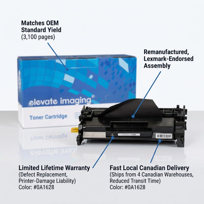 Elevate Imaging HP 26A toner cartridge feature callouts for 3,100 page yield and Lexmark endorsement.