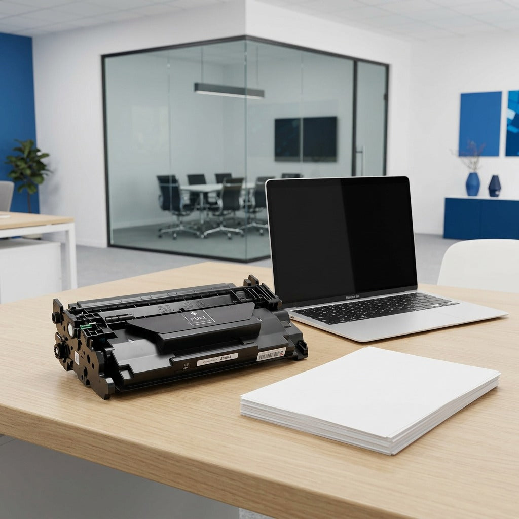 Elevate Imaging compatible HP CF226X toner cartridge on a desk next to a laptop for scale.
