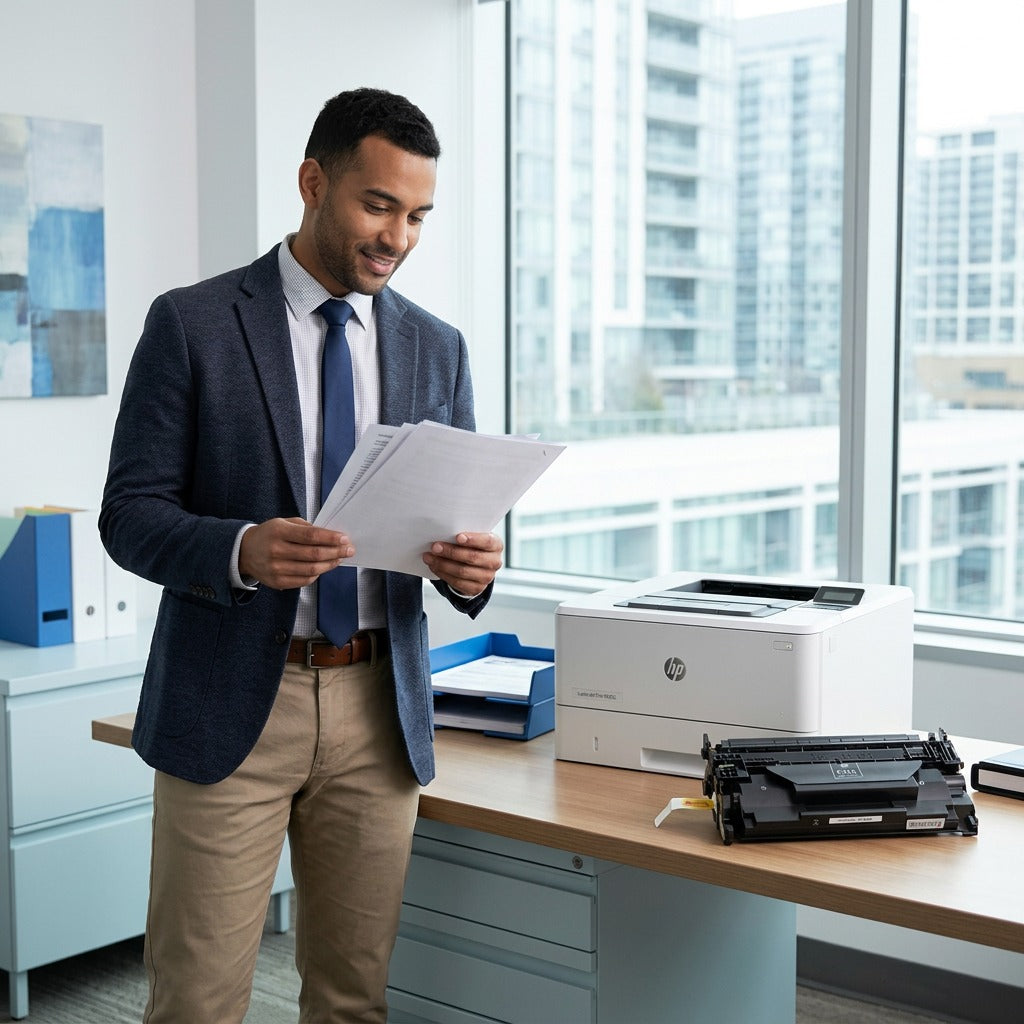 Professional in an office reviewing printed papers next to an HP printer and HP 26X toner cartridge.