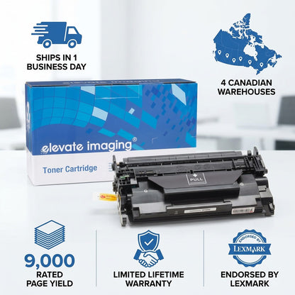 Elevate Imaging HP 26X toner infographic with 9,000 page yield, Lexmark endorsement, and warranty.
