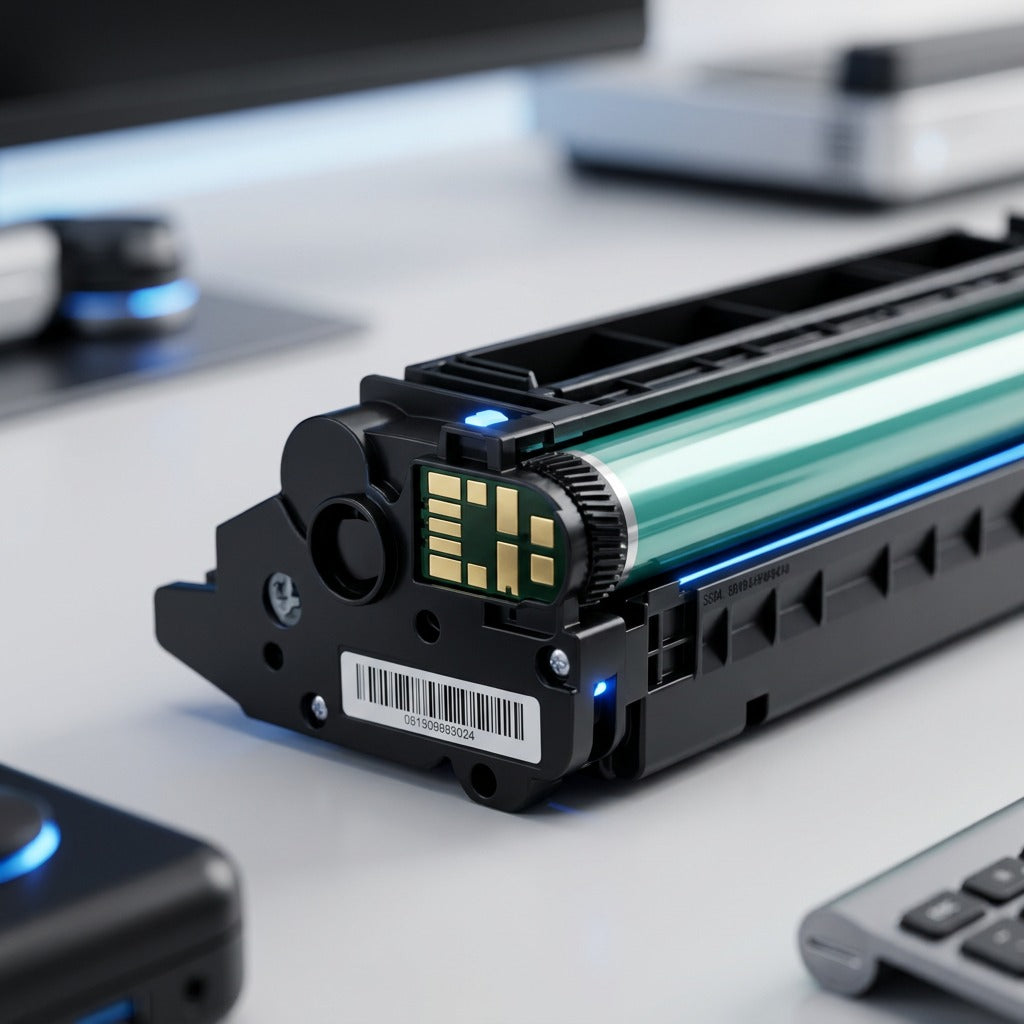 Macro detail of Elevate Imaging HP 26X compatible toner showing the contact chip and green OPC drum.