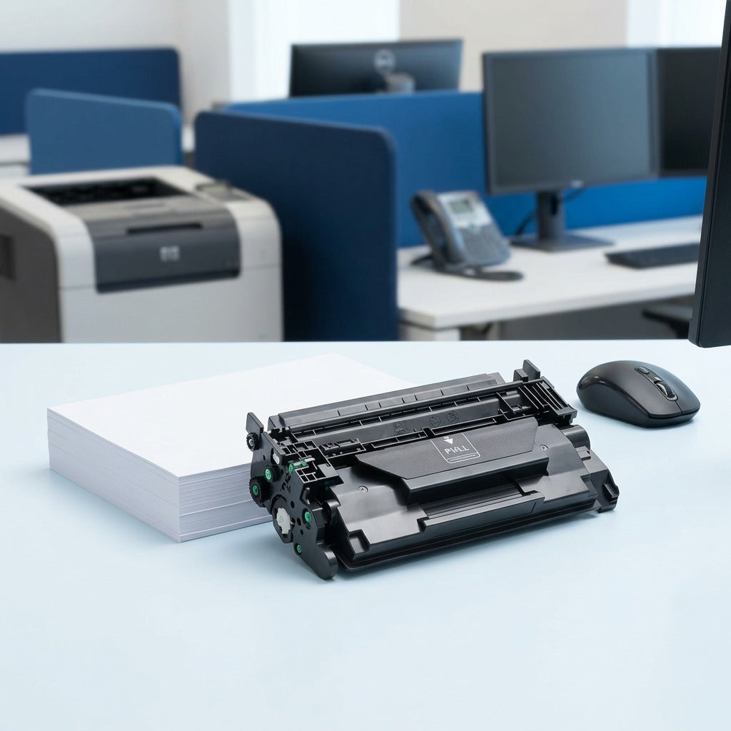 A black Elevate Imaging HP 26X (CF226X) toner cartridge on a desk next to paper and a computer mouse.