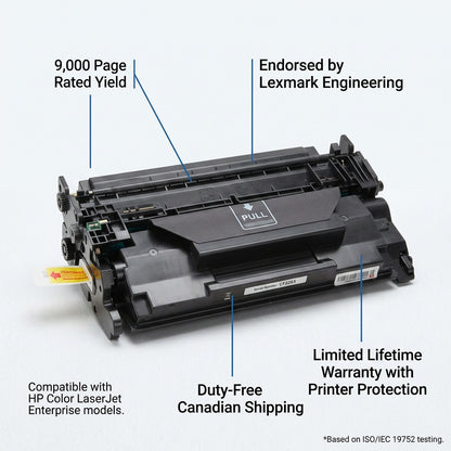 HP 26X CF226X toner cartridge showing 9,000 page yield, Lexmark endorsement, and warranty features.