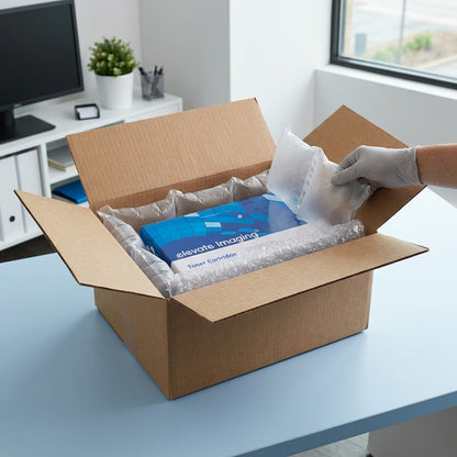 Unboxing of the Elevate Imaging HP 26X toner cartridge, securely packed with air-cushioning.