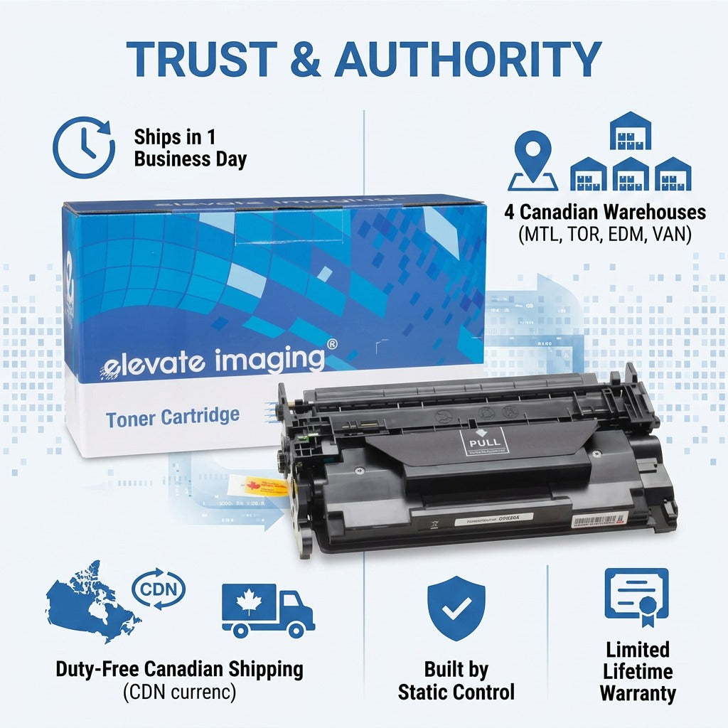 Elevate Imaging HP 26X remanufactured toner infographic showing 1-day shipping and local Canadian warehouses.