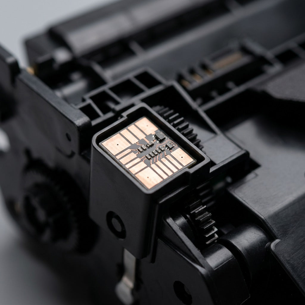 Macro detail of copper contact chip on an HP 26X (CF226X) remanufactured black toner cartridge.