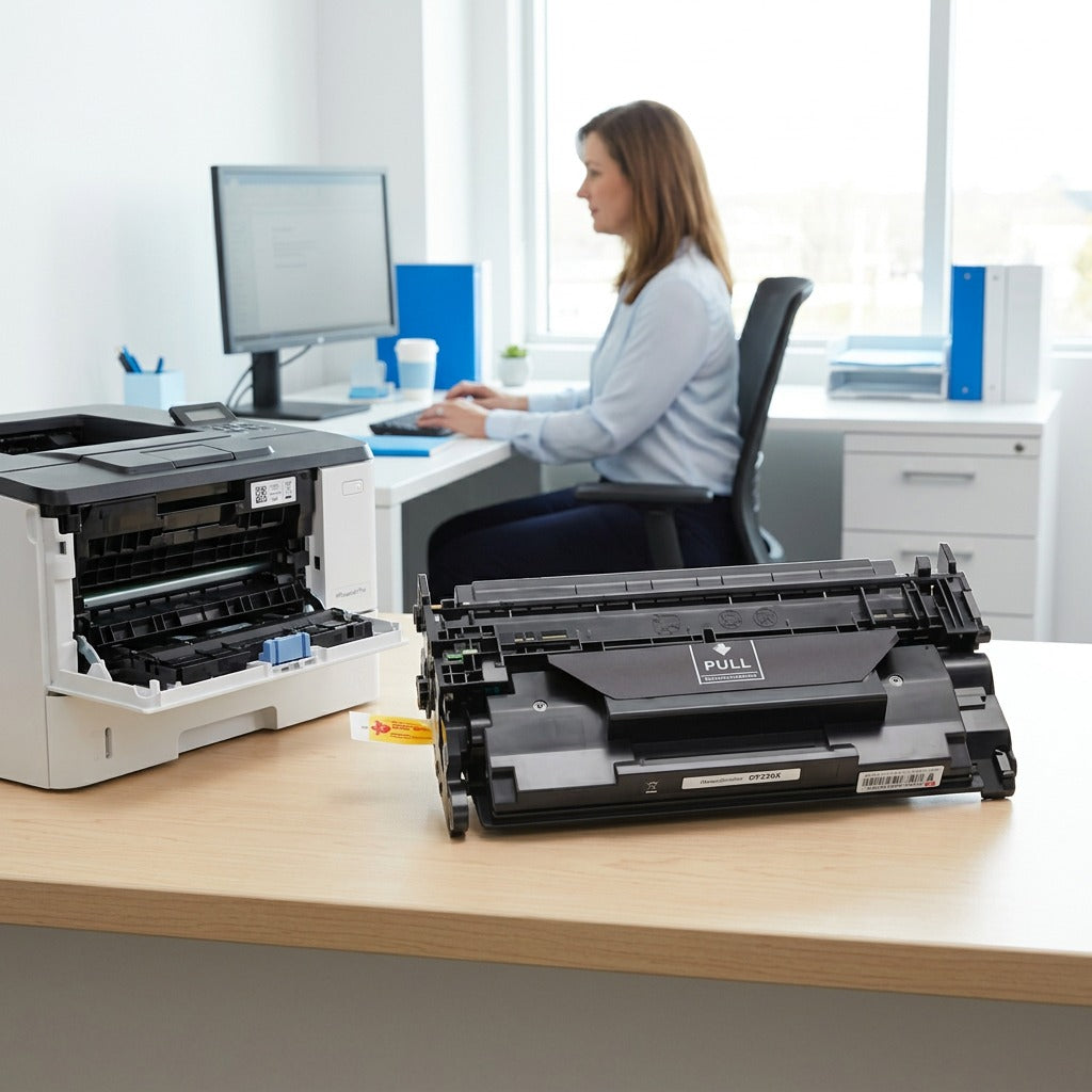 HP 26X CF226X toner cartridge on an office desk next to a printer with an employee in the background.