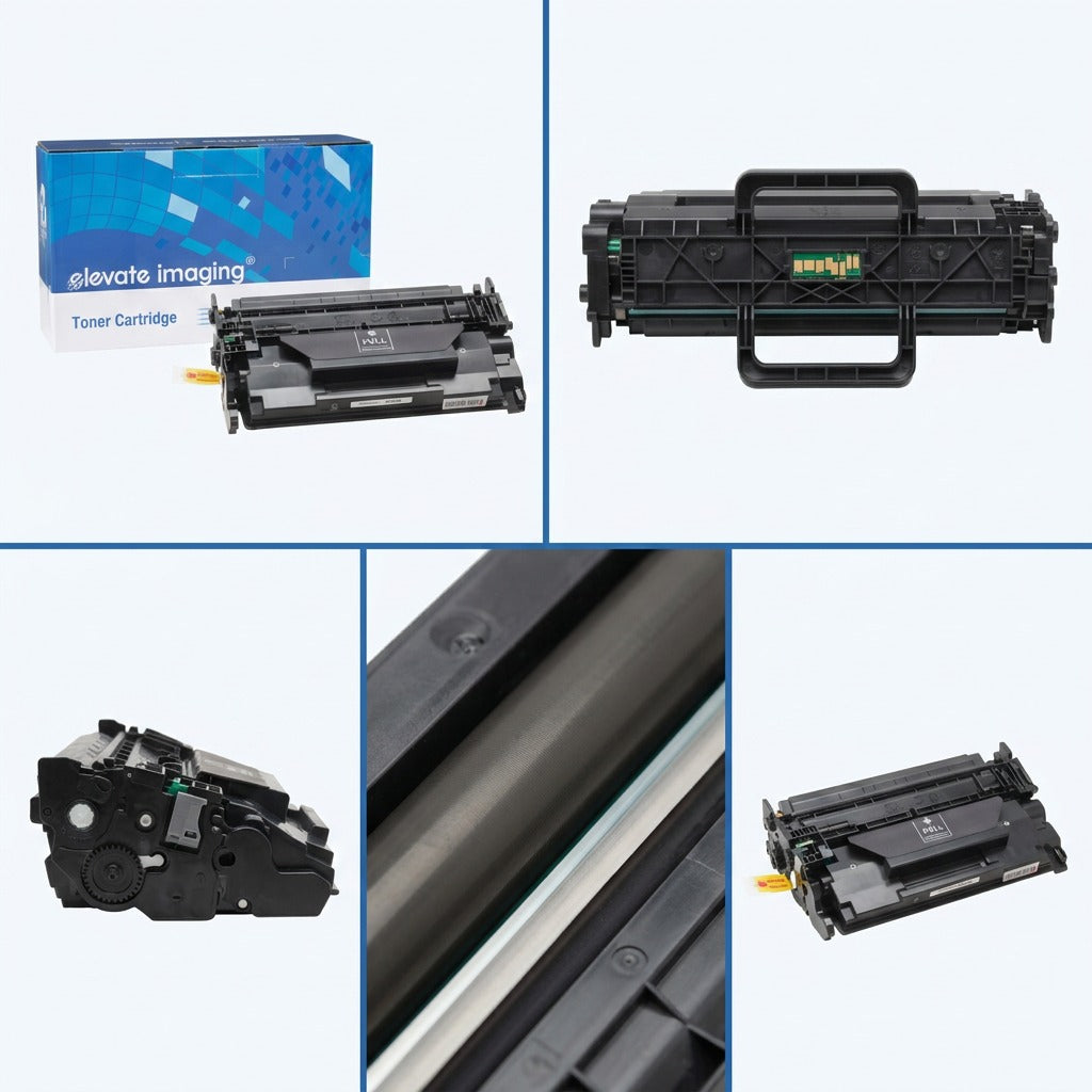 Product matrix of the Elevate Imaging HP 26X black toner cartridge from five professional angles.