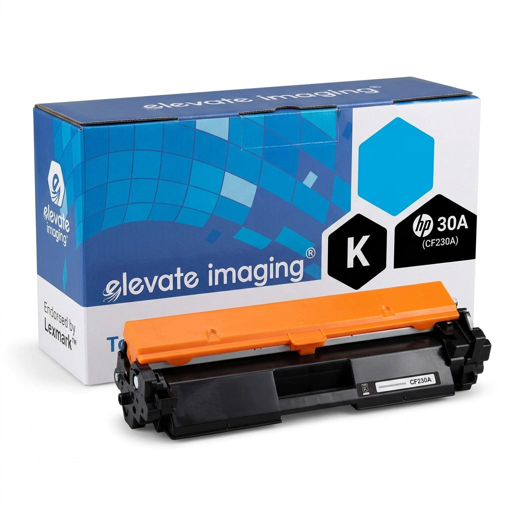 Elevate Imaging compatible black toner cartridge for HP 30A CF230A with branded retail box.