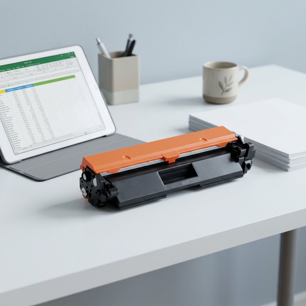 A professional scale reference of a black HP 30A toner cartridge beside a tablet and paper stack.