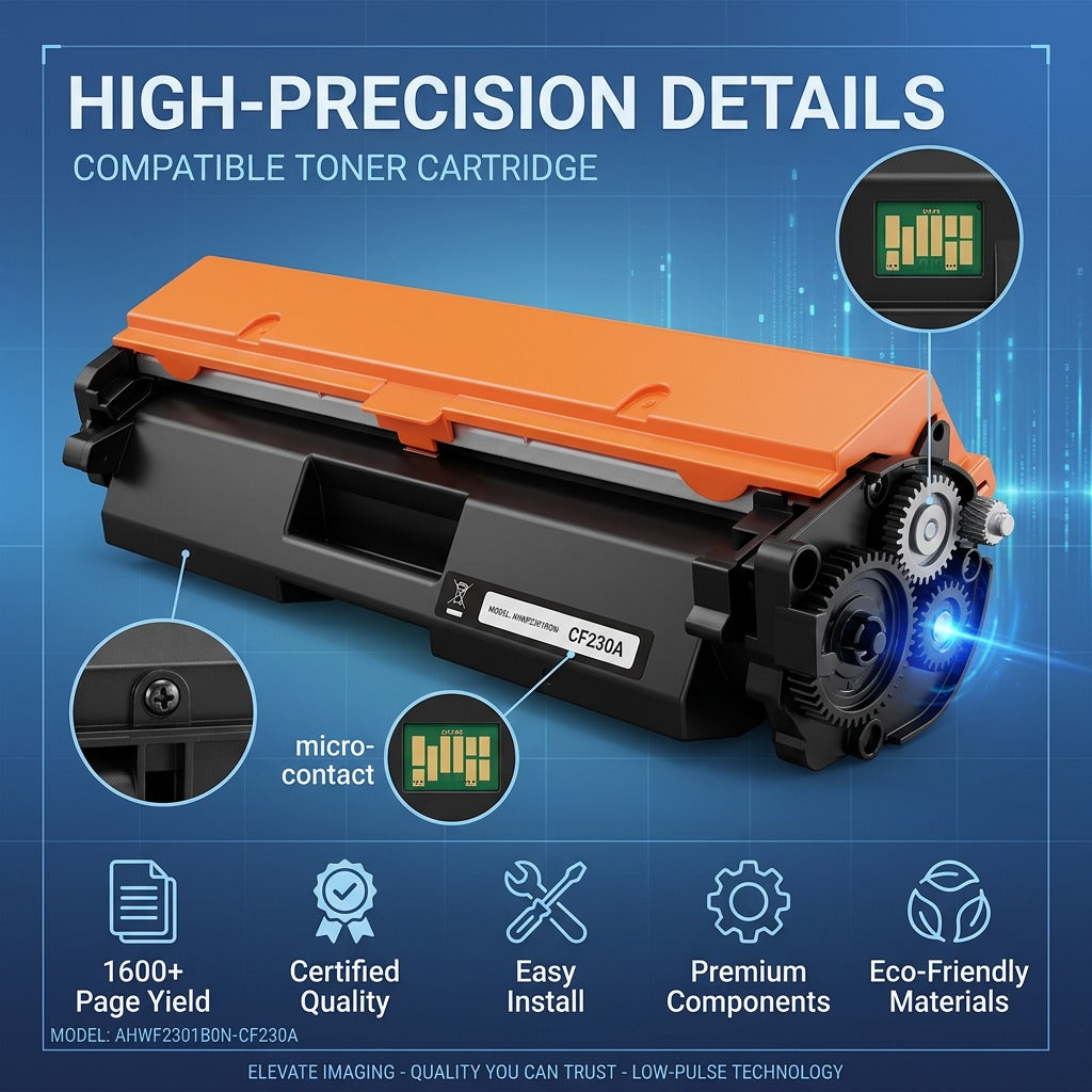 Elevate Imaging HP 30A (CF230A) toner cartridge showing precision gears and micro-contact chip.