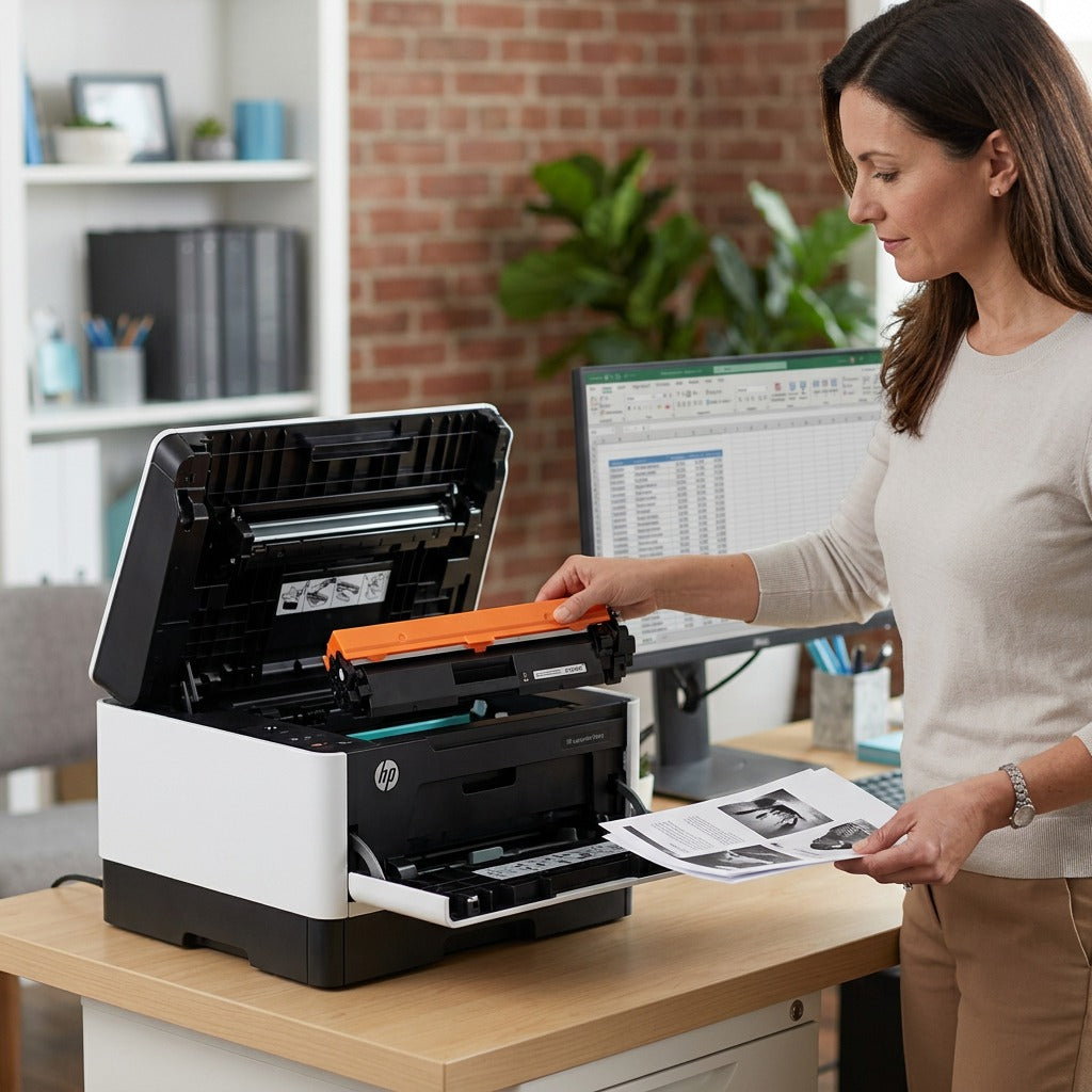 Professional woman inserting a compatible HP 30A black toner cartridge into a LaserJet Pro printer.