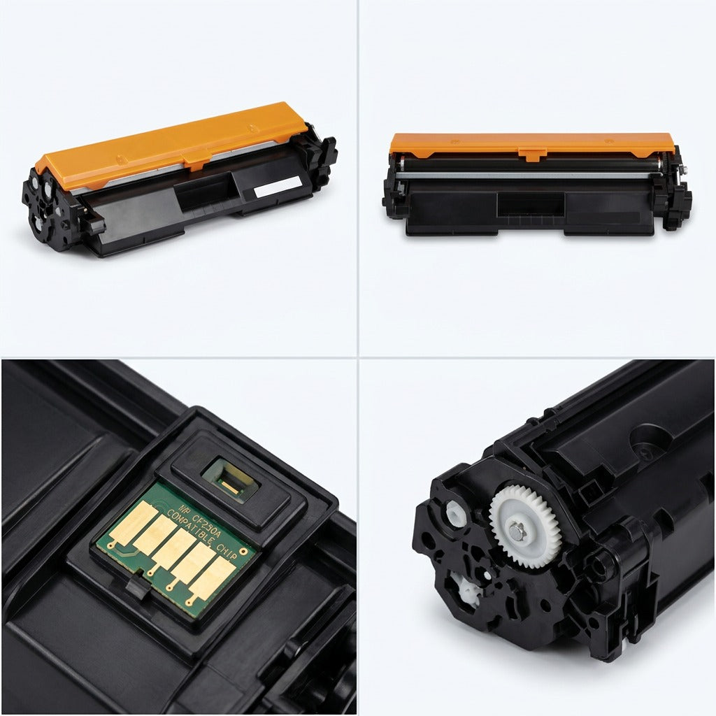 Four-view grid of Elevate Imaging black toner cartridge CF230A showing front, top, chip, and gear.