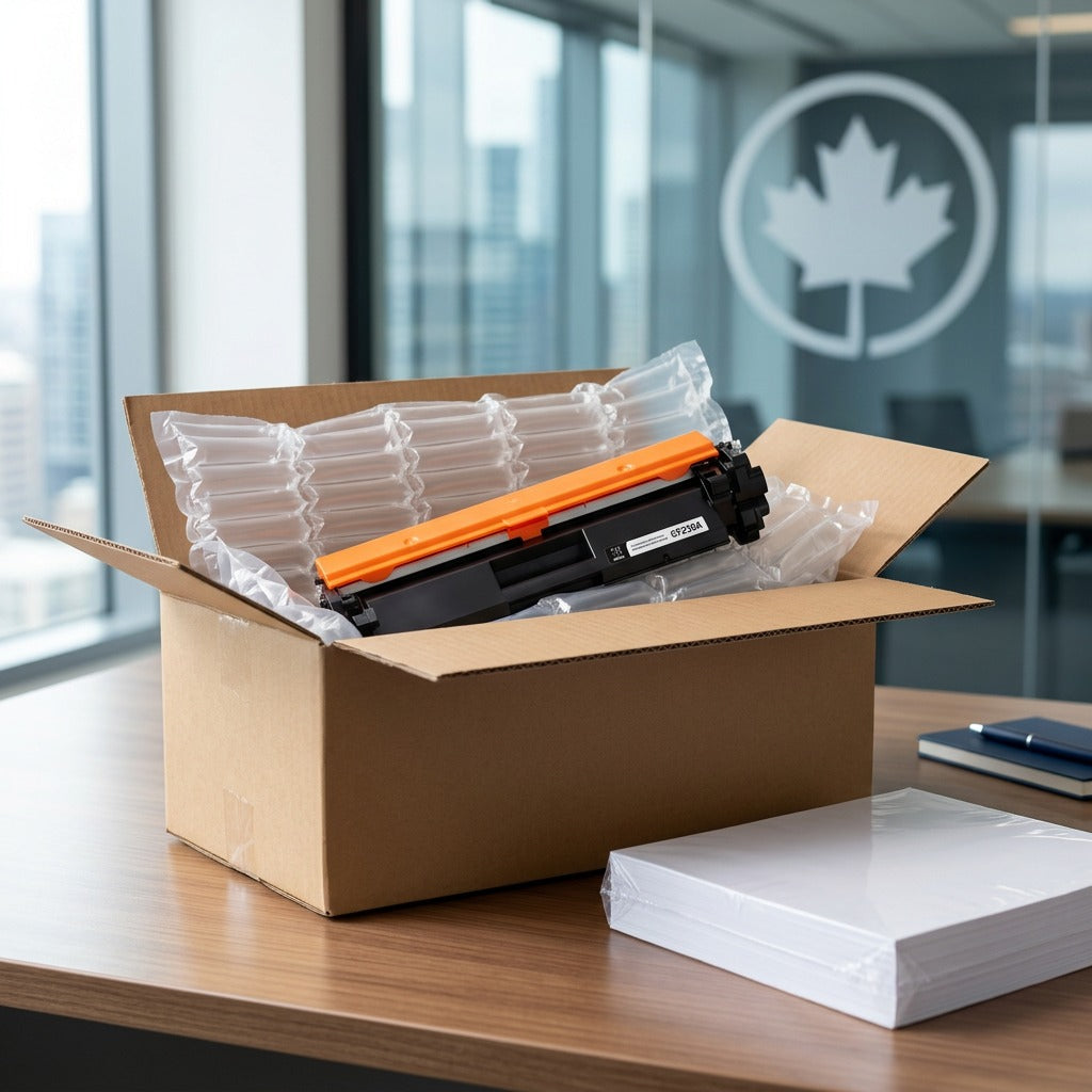 Unboxing an Elevate Imaging CF230A black toner cartridge from protective air cushion packaging.