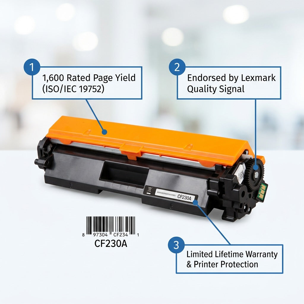 Elevate Imaging HP 30A toner cartridge features 1,600 page yield and Lexmark endorsement.