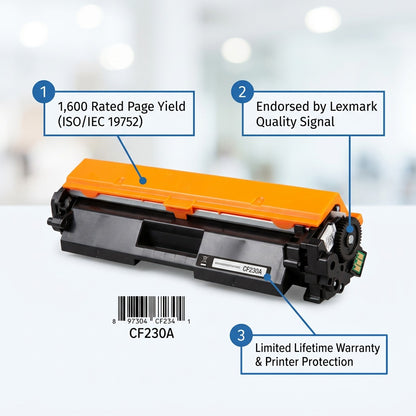 Elevate Imaging HP 30A toner cartridge features 1,600 page yield and Lexmark endorsement.