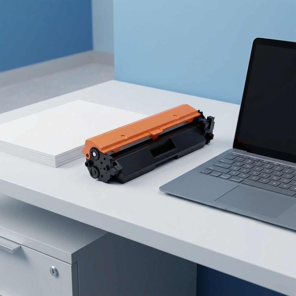 Scale of HP 30X (CF230X) toner cartridge beside a laptop and paper stack on a modern office desk.
