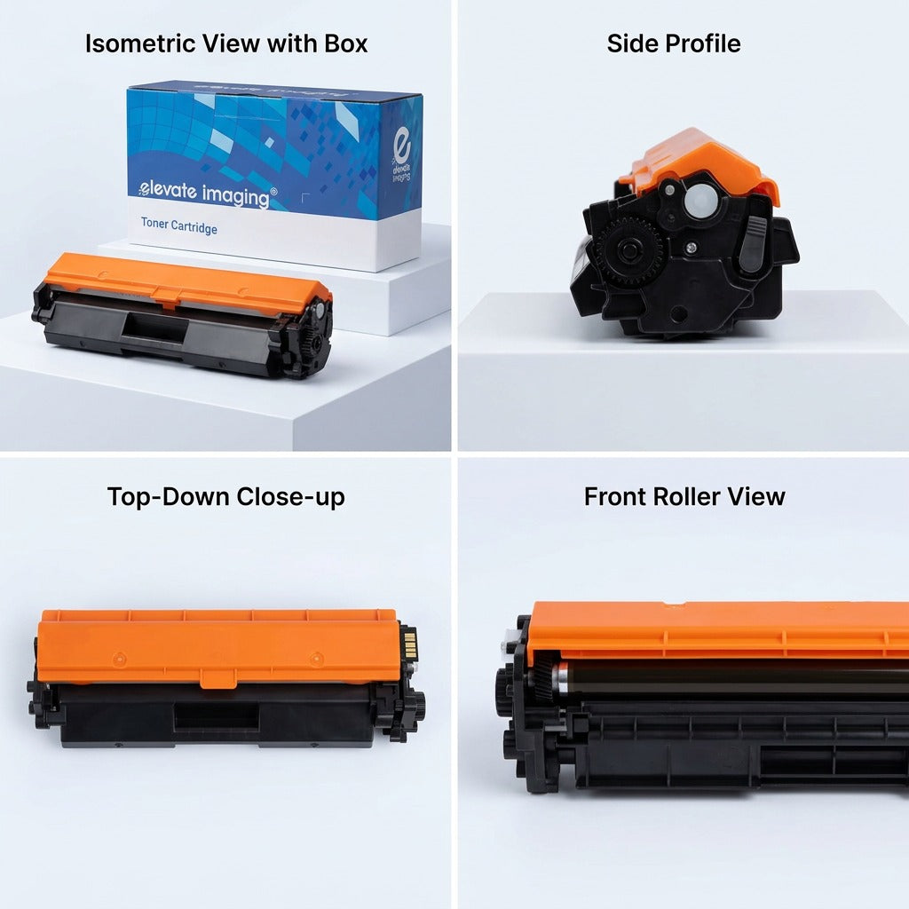 Matrix of the Elevate Imaging HP 30X (CF230X) toner cartridge showing isometric, side, and top views.