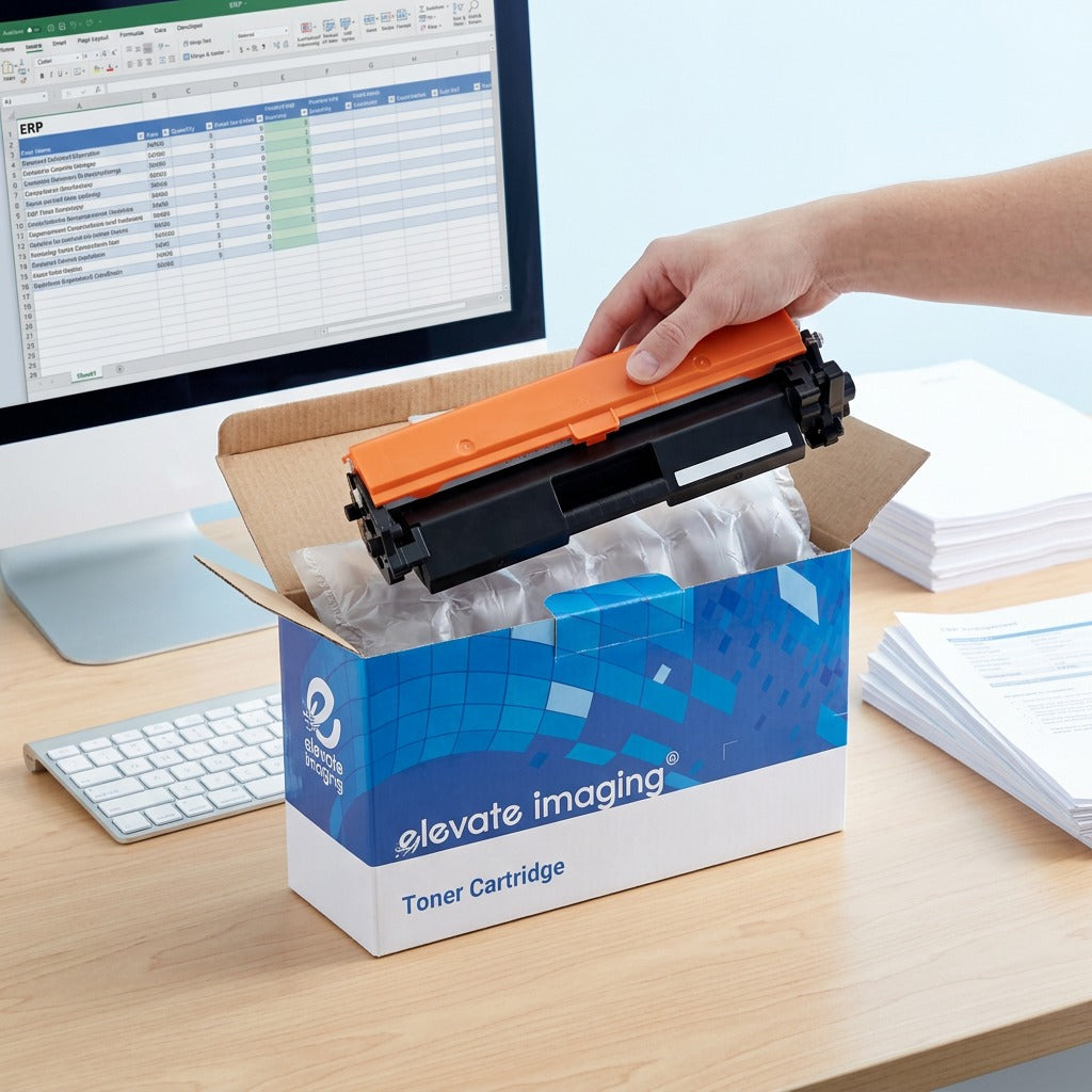 Unboxing an Elevate Imaging HP 30X (CF230X) toner cartridge from secure packaging on a clean desk.