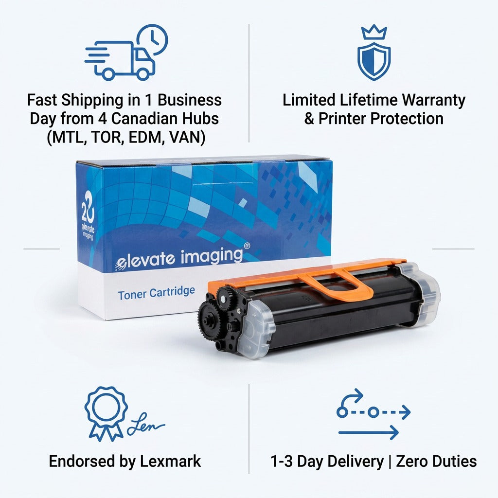 Elevate Imaging HP 30X toner cartridge with box and icons for fast shipping and lifetime warranty.