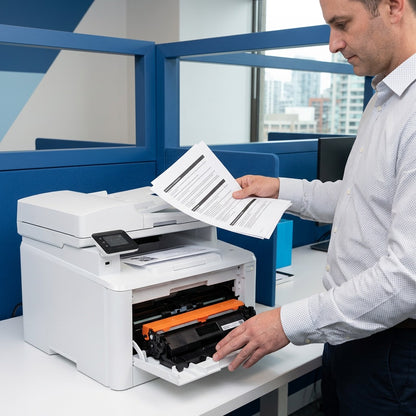 Office worker installing a compatible HP 30X black toner cartridge into a white laser printer.