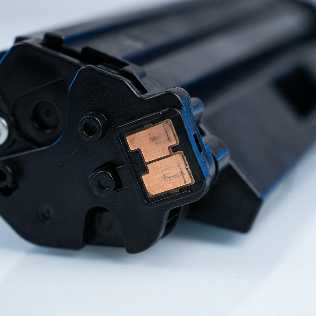 Macro view of the copper smart chip on a black Elevate Imaging HP 30X (CF230X) toner cartridge.