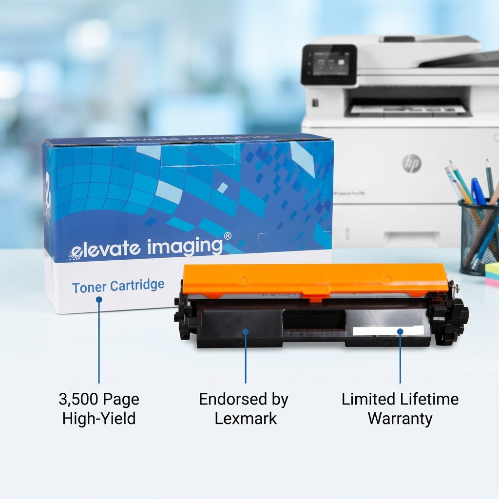 Elevate Imaging HP 30X high-yield toner cartridge with labels for 3,500 pages and lifetime warranty.