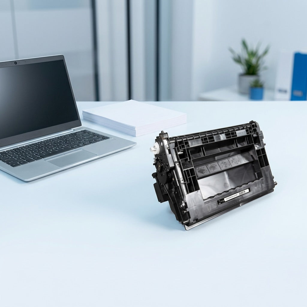 HP 37A CF237A compatible black toner cartridge on an office desk next to a laptop for scale.