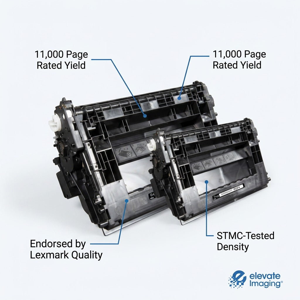 Elevate Imaging HP 37A toner cartridge with callouts for 11,000 page yield and STMC-tested density.