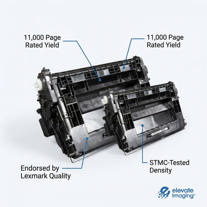 Elevate Imaging HP 37A toner cartridge with callouts for 11,000 page yield and STMC-tested density.