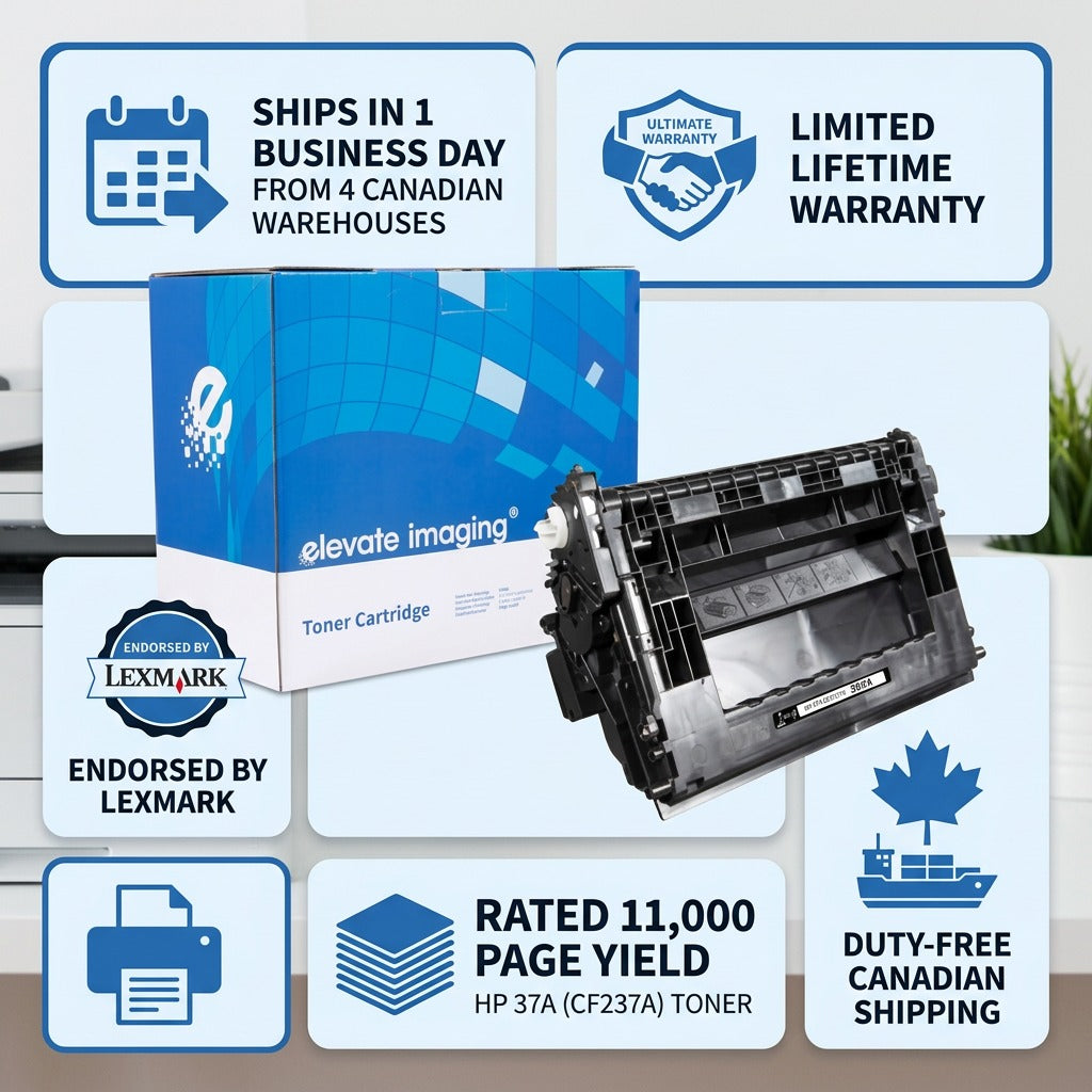 Elevate Imaging HP 37A (CF237A) toner cartridge features 11,000 page yield and Lexmark endorsement.