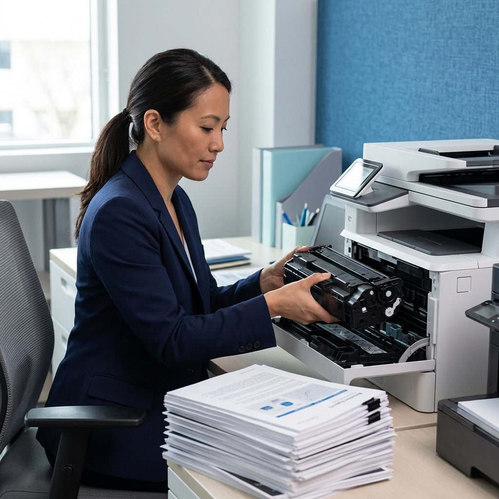Professional in an office installing an Elevate Imaging HP 37A CF237A compatible toner cartridge.