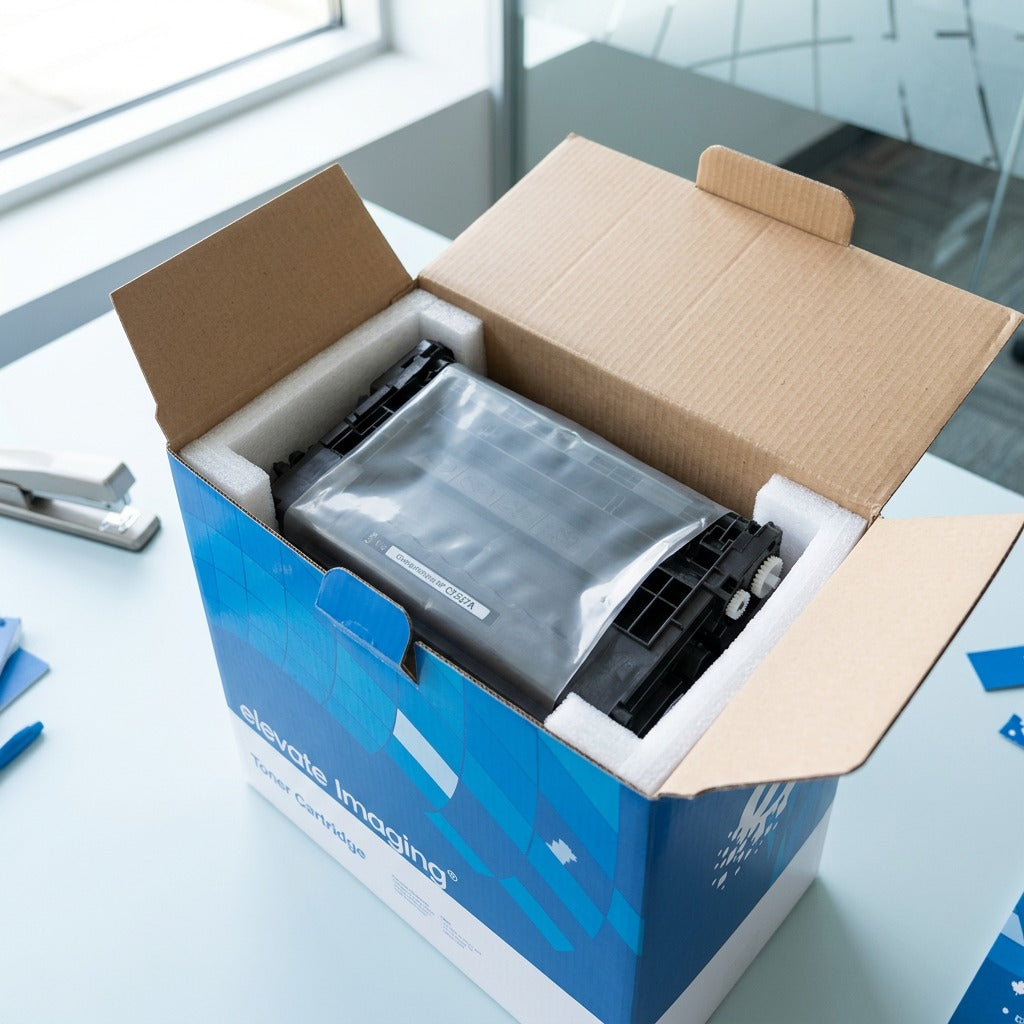 Open Elevate Imaging box showing the HP CF237A cartridge in protective foam and anti-static wrap.