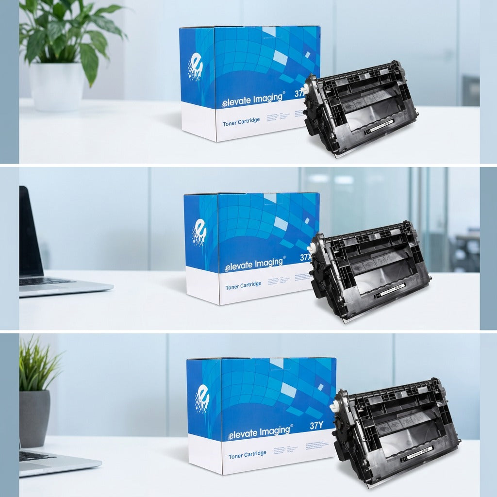 A 3-panel grid showing Elevate Imaging HP CF237A, 37X, and 37Y toner cartridges with retail boxes.