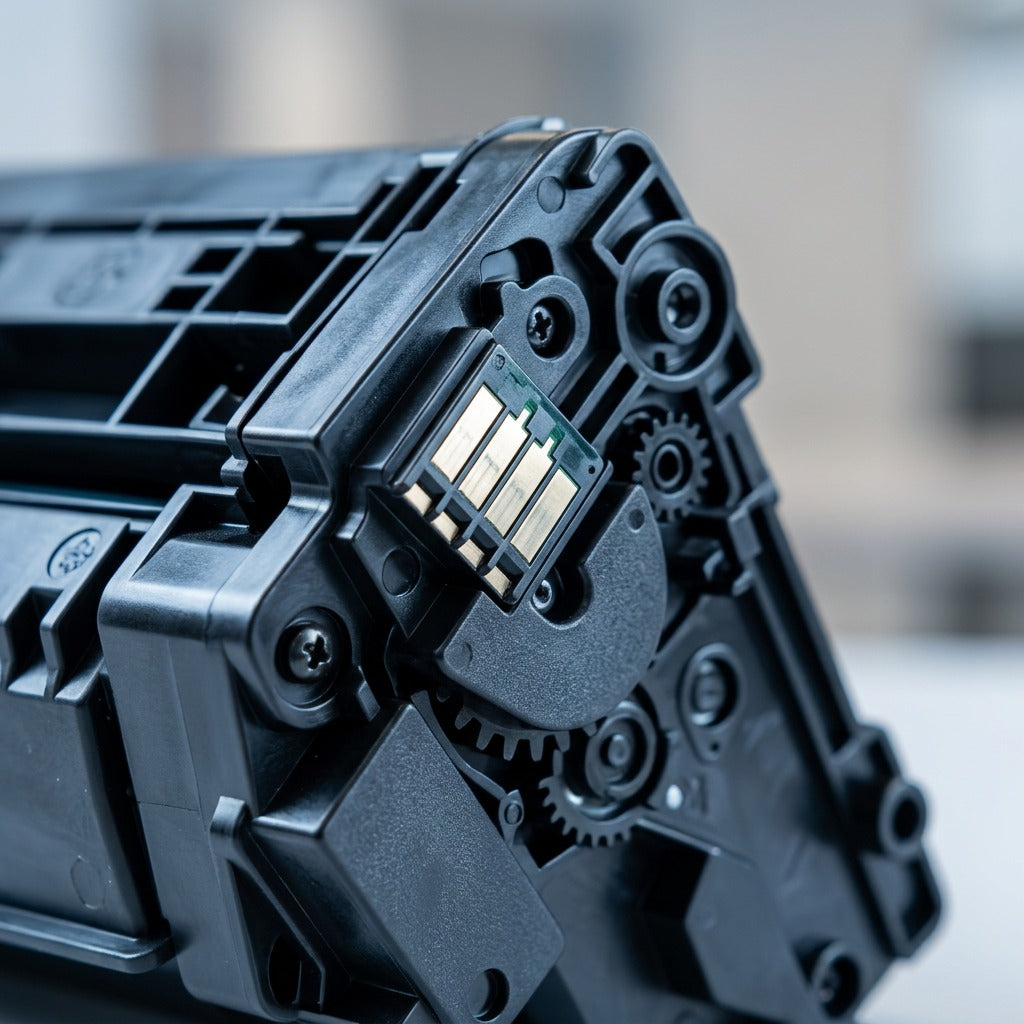 Macro view of the gold electrical contact chip on an Elevate Imaging HP 37A (CF237A) toner cartridge.