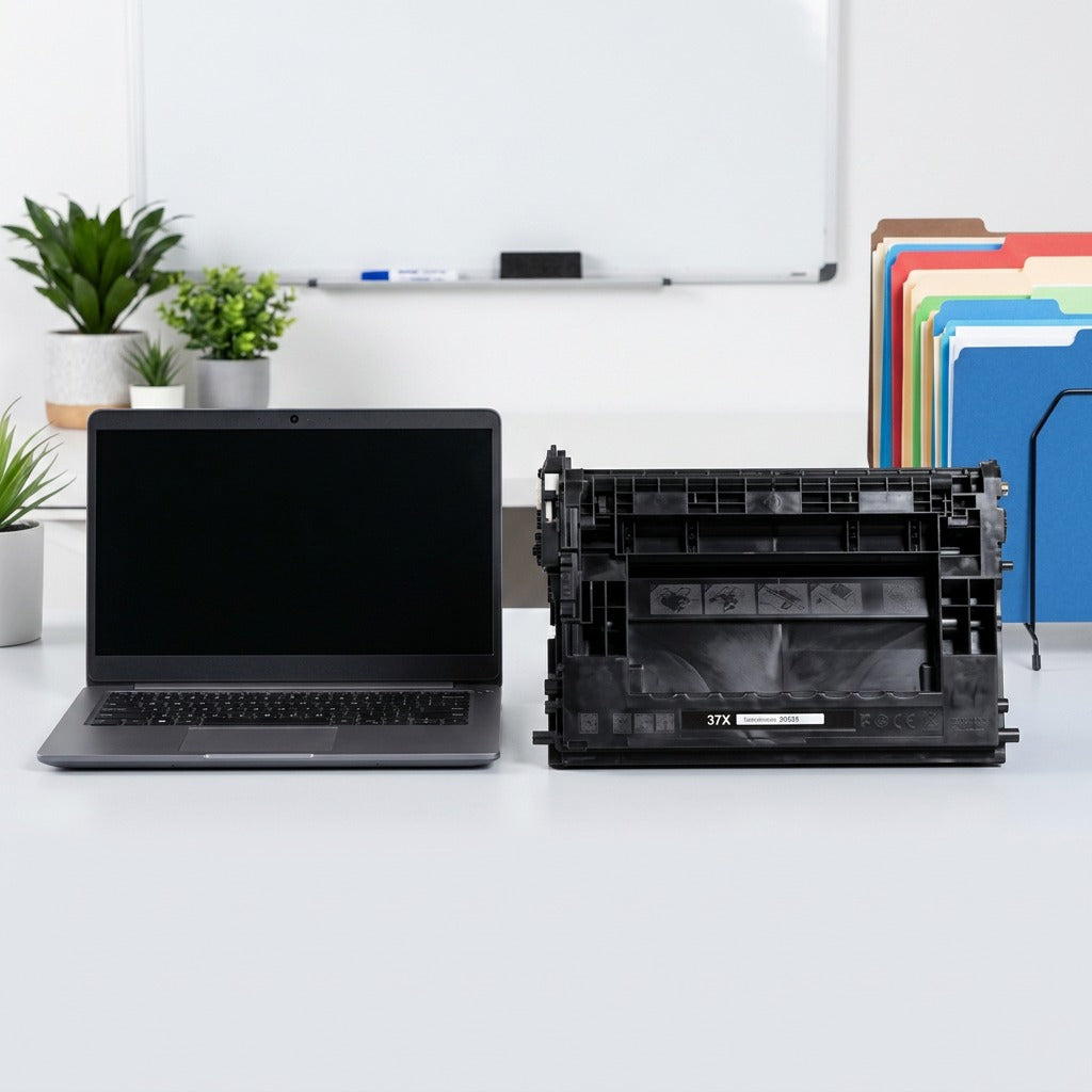 Scale reference: Elevate Imaging HP 37X (CF237X) black toner cartridge next to a 14-inch laptop.