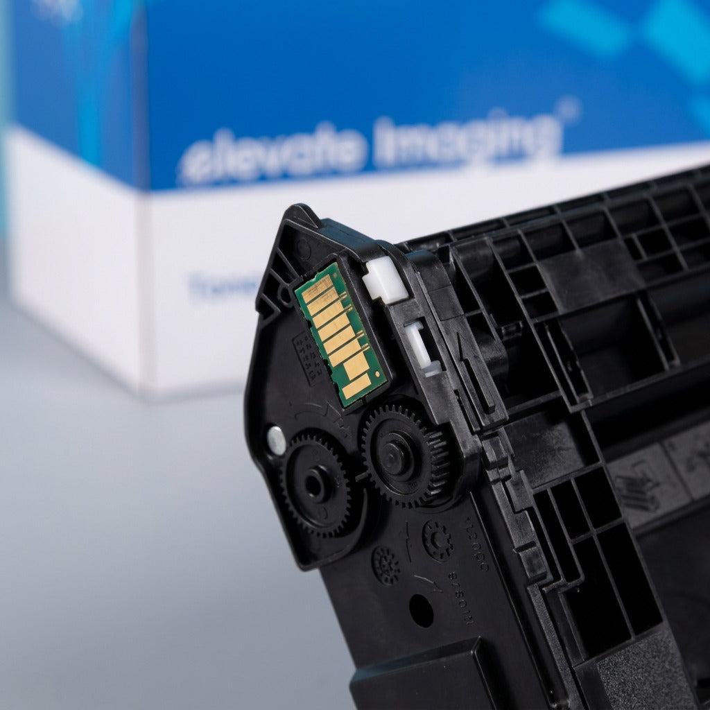 Macro detail of Elevate Imaging HP 37X toner cartridge showing the gold-plated contact chip and gears.