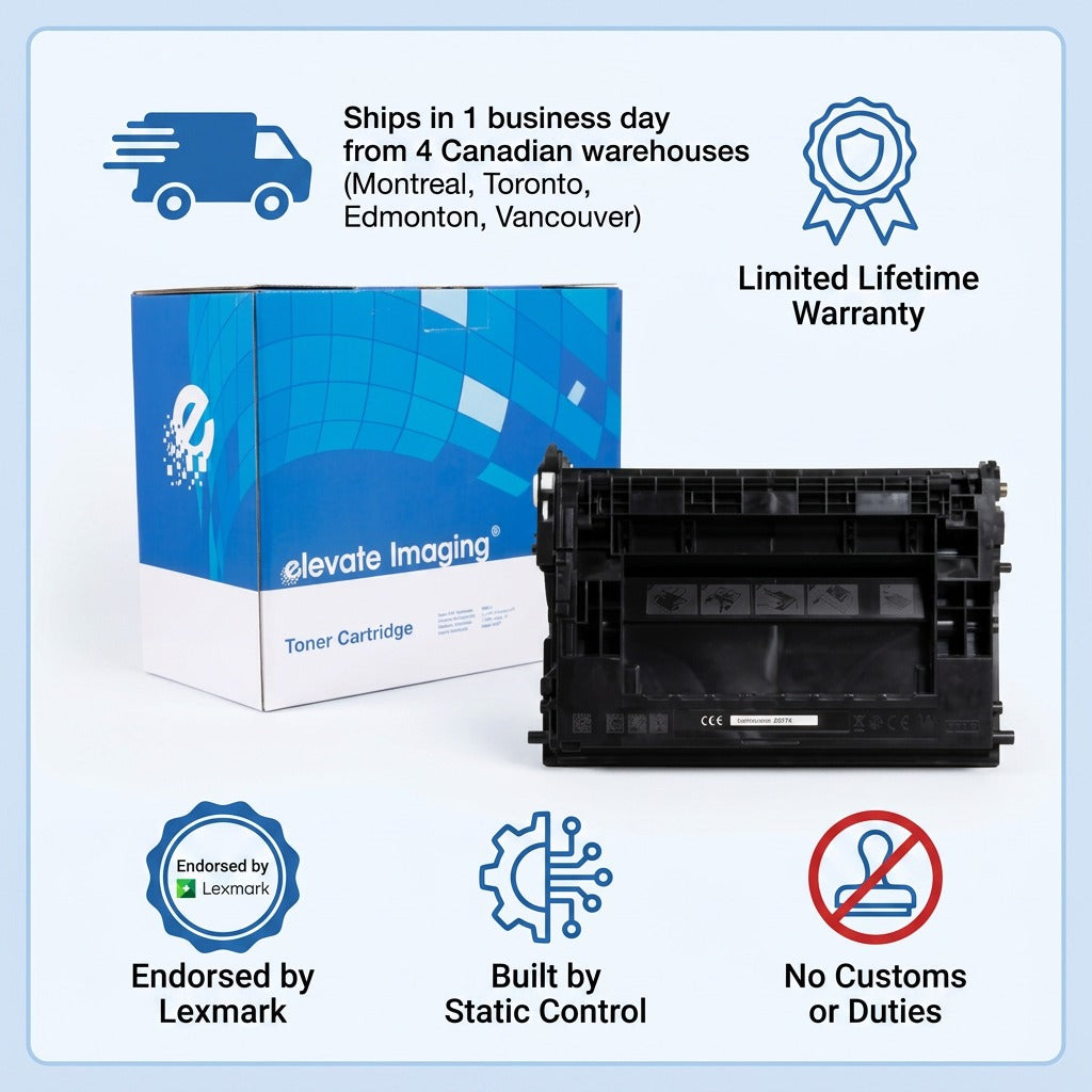 Elevate Imaging HP 37X (CF237X) toner infographic with icons for warranty and fast Canada shipping.