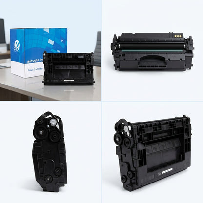 A four-angle matrix of the Elevate Imaging HP 37X (CF237X) compatible black toner cartridge and box.