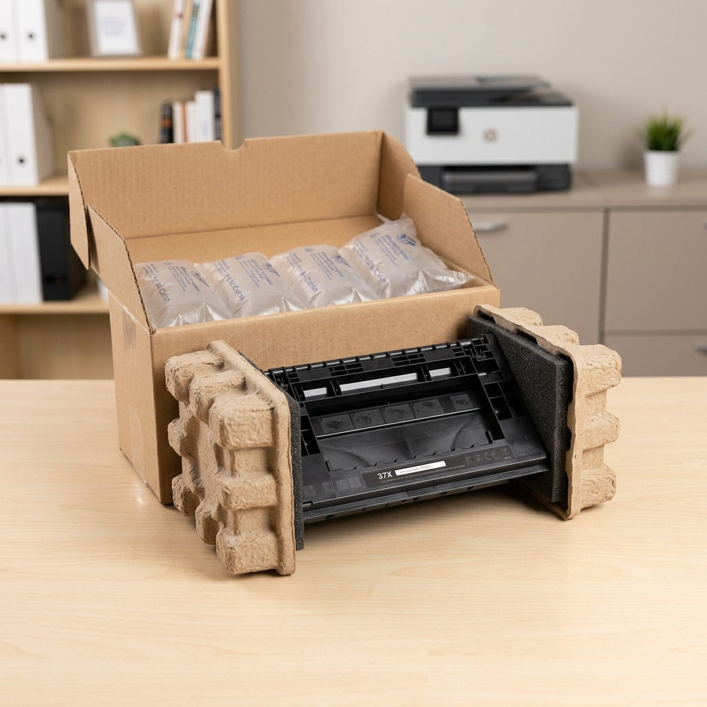HP 37X (CF237X) compatible toner cartridge unboxed with protective air cushions and foam inserts.