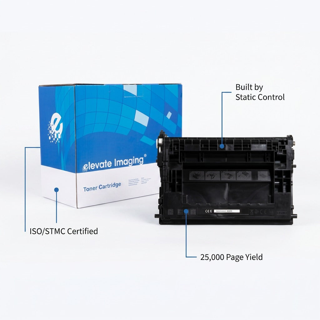 Elevate Imaging 37X toner cartridge and box featuring 25,000 page yield and ISO/STMC certification.