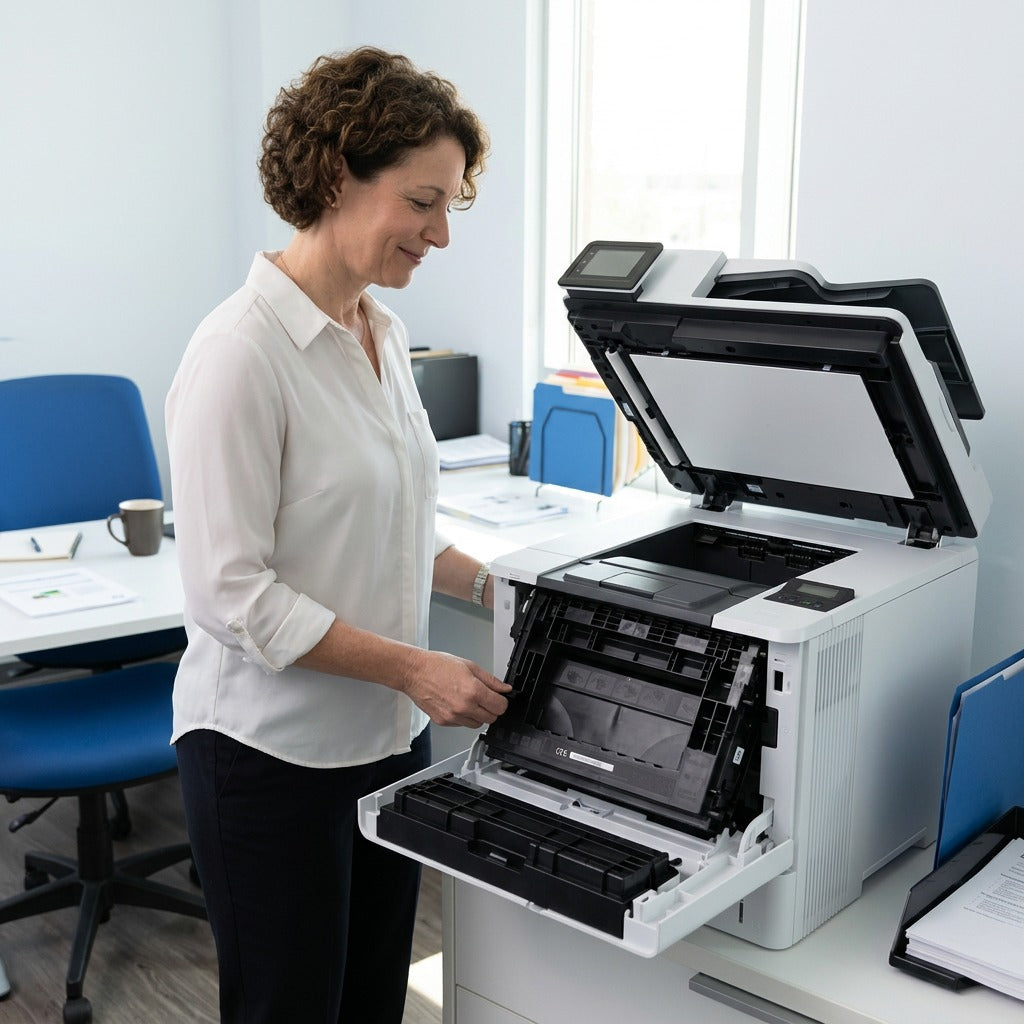 Professional office setting showing an HP 37X high yield toner cartridge installed in a printer.